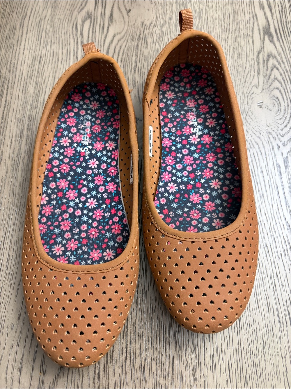 Carter's Tan Perforated Ballet Flats with Pink Floral Insole